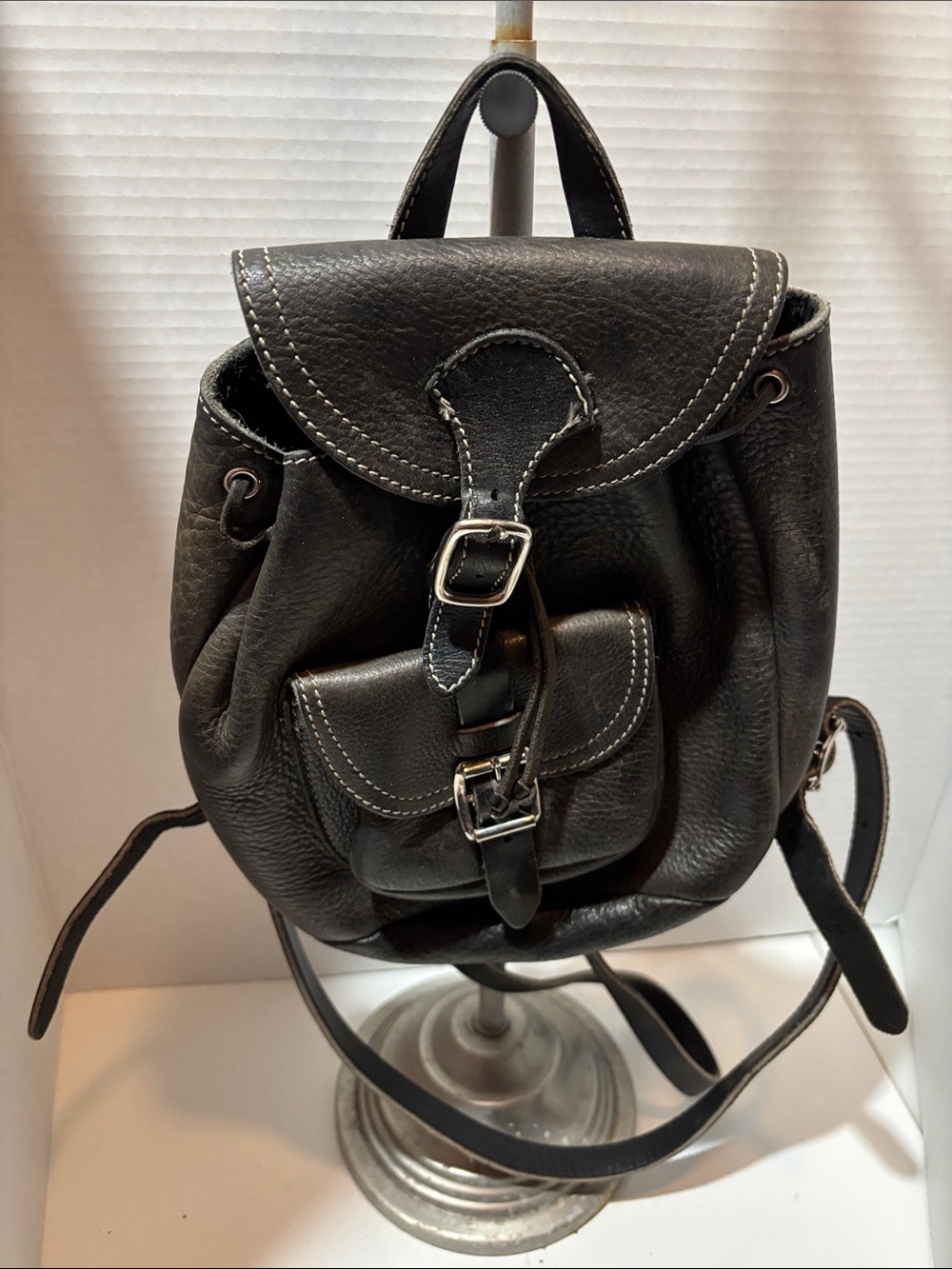 Roots Black Leather Drawstring Mini Backpack